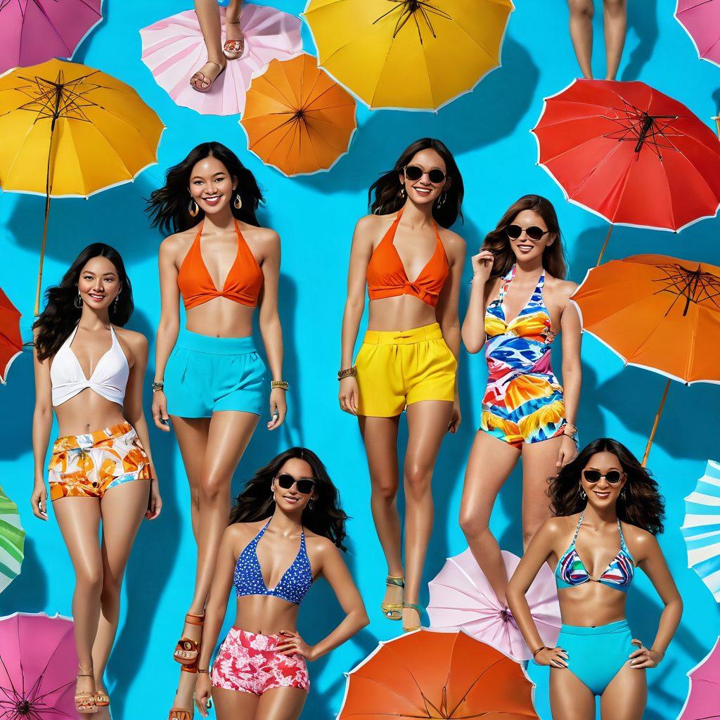 A vibrant beach scene showcasing a timeline of Asian beachwear trends, featuring women in various halter tops transforming into modern, bold styles. Include elements of gossip and conversation among beachgoers, illustrating a playful social atmosphere. Bright sun, sandy beach, and colorful beach umbrellas create an inviting vibe. super-realistic. vibrant colors. 3D.